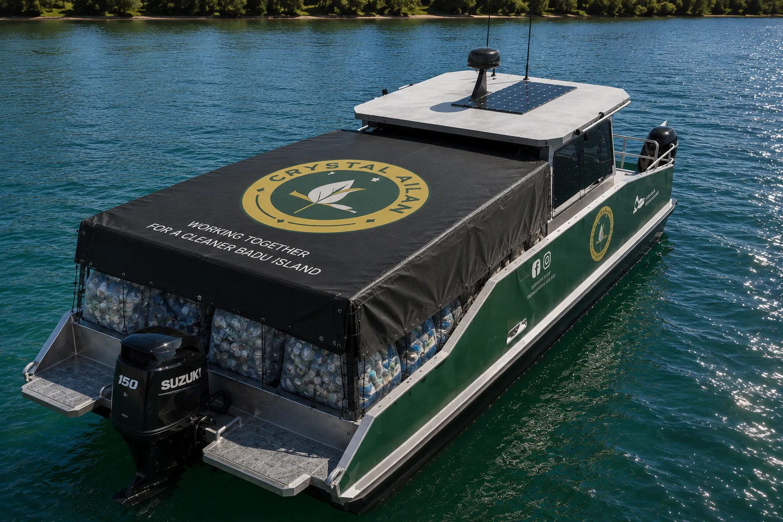 Concept visual of The Ripper, a proposed 12 metre Crystal Ailan loading barge carrying bagged containers on open water.