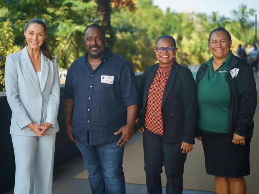 Edmund Tamwoy with colleagues and visiting representatives on Badu Island.